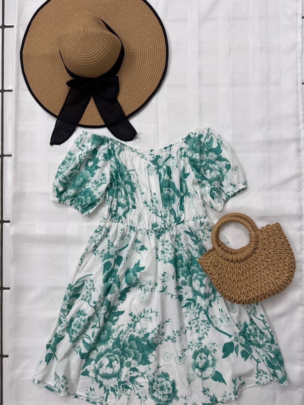 SHEIN White Off the Shoulder Dress with Teal Green Floral Print